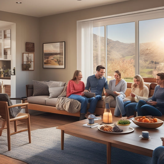 A cozy, modern living room filled with family members, interacting with a sleek digital energy management interface on a tablet, displaying energy usage graphs, surrounded by solar panels visible through large windows.