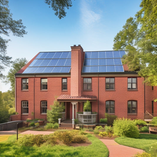 A historic brick building adorned with solar panels on the roof, energy-efficient windows, and a green rooftop garden, surrounded by trees and a clear blue sky, showcasing a harmonious blend of tradition and sustainability.