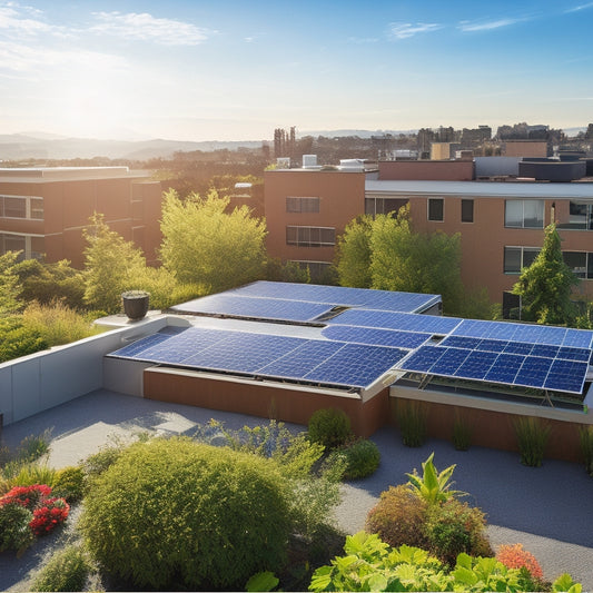 A serene residential rooftop garden featuring solar panels, green vegetation, and a rainwater collection system under a clear blue sky, with sunlight glistening off the eco-friendly materials, embodying sustainability and energy efficiency.