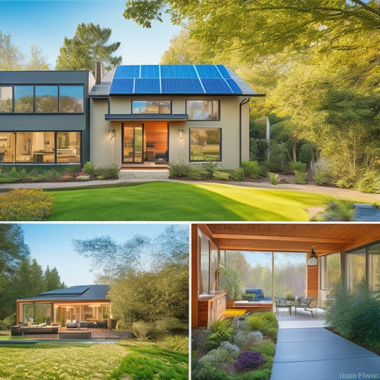A modern home with solar panels, a lush green garden, and energy-efficient windows, contrasted with an older property lacking upgrades. A vibrant neighborhood with people enjoying outdoor spaces and nature integration.