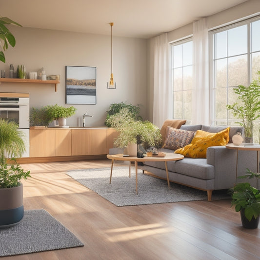 A cozy, modern living room with solar panels visible through large windows, energy-efficient appliances in the kitchen, potted plants, and a smart thermostat on the wall, all bathed in warm, natural light.