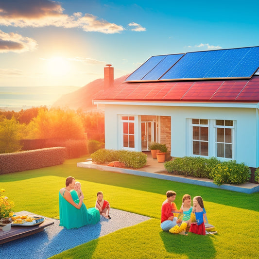 A sunlit rooftop adorned with gleaming solar panels, surrounded by a vibrant green landscape. A family enjoys their yard, while a digital meter shows decreasing energy costs against a bright blue sky.