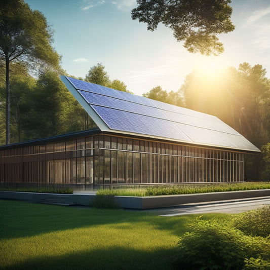 A modern building with solar panels on the roof, sunlight reflecting off the panels, surrounded by greenery, showcasing large windows and smart shading devices, emphasizing energy efficiency and sustainable architecture.