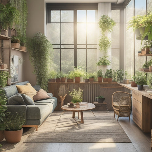 A cozy, sunlit room with vertical gardens, reclaimed wood furniture, large windows, and minimalist decor. Include energy-efficient appliances, potted plants, and natural materials to emphasize eco-friendly living in a small space.