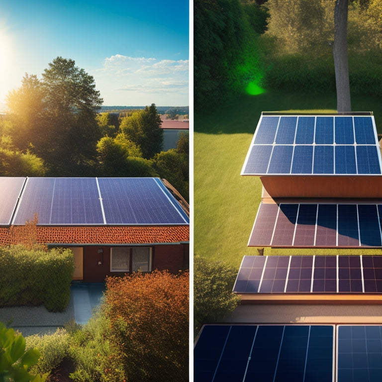 A split-screen image: a sunny rooftop with solar panels in a urban area on one side, and a rural rooftop with solar panels surrounded by trees on the other, with varying shade patterns.