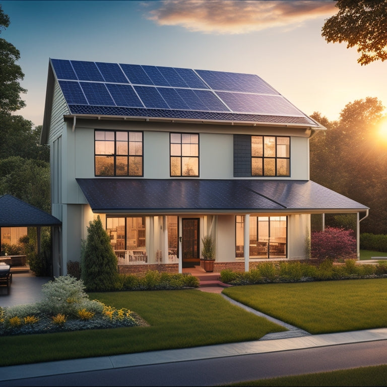 A serene suburban home with a solar panel roof, surrounded by lush greenery, with a subtle sun glow in the background, highlighting five distinct solar systems with varying panel arrangements.