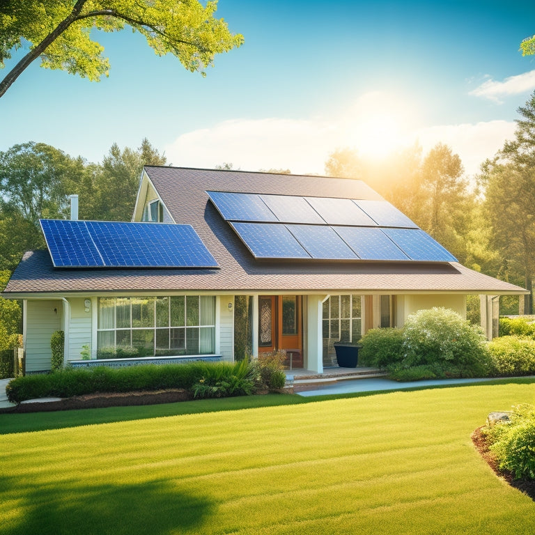 A serene suburban home with a mix of sunny and shaded areas, featuring a prominent solar panel array on the roof, surrounded by lush greenery and a bright blue sky.