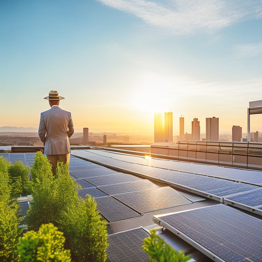 A modern business rooftop adorned with sleek solar panels, sunlight glinting off the surface, surrounded by urban skyline; a technician inspecting the setup, green plants nearby, symbolizing sustainability and environmental responsibility.