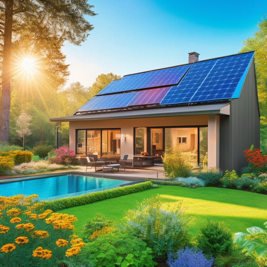 A bright, sunlit modern home featuring sleek solar panels on the roof, lush green gardens, and energy-efficient windows, surrounded by vibrant flowers and trees, showcasing a harmonious blend of nature and technology.