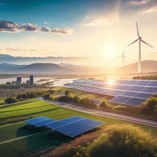 A vibrant landscape showcasing solar panels glistening under the sun, wind turbines spinning gracefully on rolling hills, and a modern city skyline in the background, symbolizing progress in renewable energy policies.