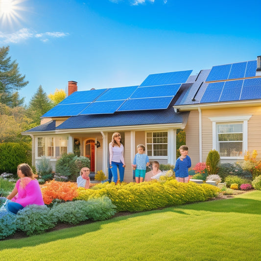 A sunlit suburban home with solar panels on the roof, surrounded by blooming gardens. A happy family inspects the panels, while a nearby sign showcases solar incentives, all set against a clear blue sky.