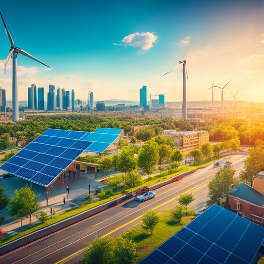 A vibrant cityscape with solar panels on roofs, wind turbines in the background, green spaces, and people engaging with electric vehicles, showcasing a harmonious blend of nature and innovative energy solutions.
