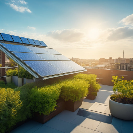A sunlit rooftop adorned with sleek solar panels, lush green plants surrounding a cozy outdoor living space, and a bright blue sky overhead, symbolizing harmony between technology and nature for sustainable living.