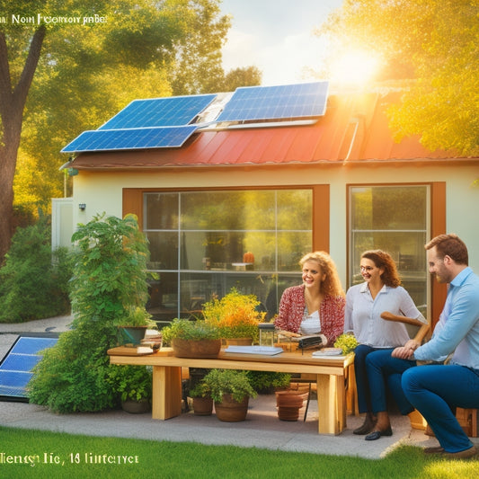 A sunlit small business with solar panels on the roof, surrounded by lush greenery. A calculator, coins, and a graph displaying savings beside a smiling business owner, showcasing a bright future with renewable energy.