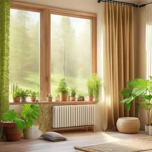 A cozy, sunlit room featuring natural insulation materials like wool, cellulose, and cork. Lush greenery outside the window, organic cotton curtains, and a bamboo floor enhance the eco-friendly ambiance, evoking warmth and sustainability.