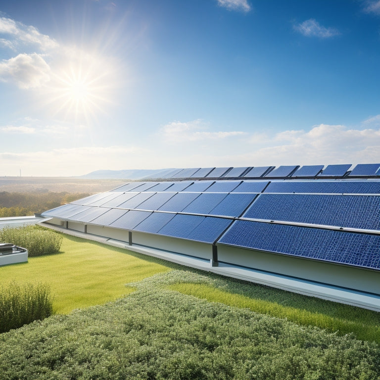 A modern business rooftop adorned with sleek solar panels, sunlight gleaming on their surface, while a lush green landscape surrounds the building. A calculator and documents symbolizing financial incentives rest nearby.