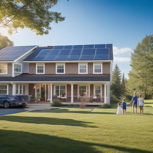 A sunlit suburban home with sleek solar panels on the roof, a green lawn, and a family enjoying the outdoors. Bright sunlight casts warm shadows, emphasizing the energy-efficient lifestyle and savings.