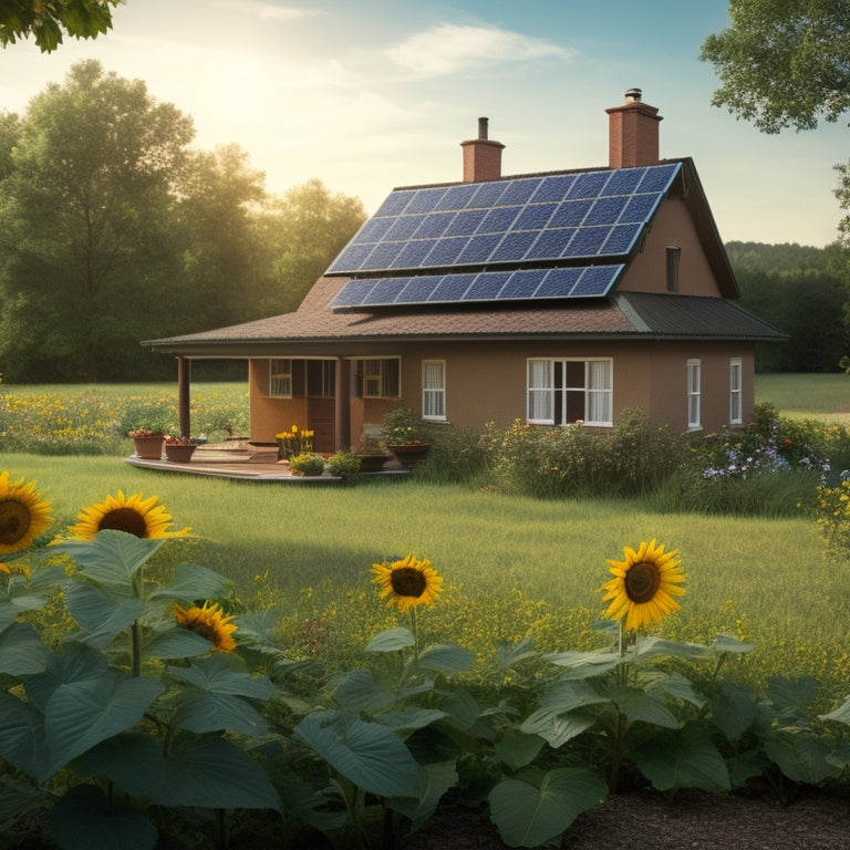 A serene landscape with a modest, rust-colored roofed house, surrounded by lush greenery, featuring a compact solar panel array on the roof, with a few sunflowers blooming in the foreground.