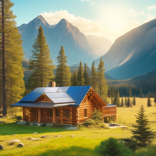 A serene remote landscape with a rustic cabin surrounded by tall pine trees, featuring solar panels on the roof, a clear blue sky, and mountains in the background, embodying sustainable living.