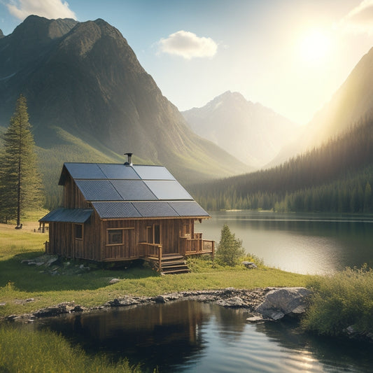 A serene remote landscape with a rustic cabin surrounded by mountains, featuring solar panels on the roof, a clear blue sky, lush greenery, and a tranquil lake nearby, reflecting the sun's rays.