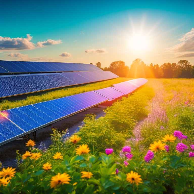 A vibrant landscape showcasing solar panels glistening under a bright sun, surrounded by lush greenery, colorful wildflowers, and a clear blue sky, symbolizing harmony between technology and nature for a sustainable future.