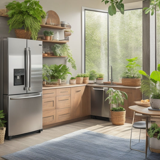 A serene kitchen featuring sleek, modern energy-efficient appliances: a stainless steel refrigerator, an induction cooktop, and a solar-powered coffee maker, surrounded by lush potted plants and natural light streaming through large windows.