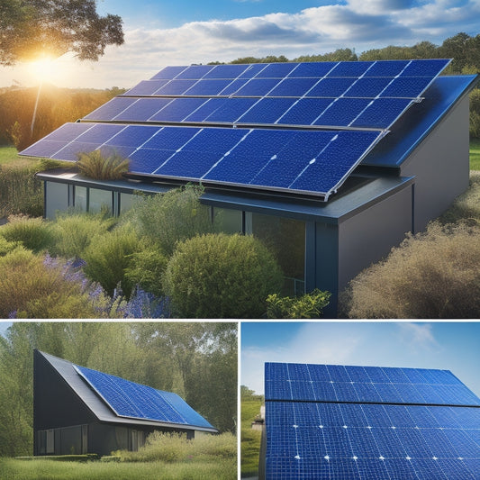 A vibrant rooftop scene showcasing various solar panel designs: sleek black panels, textured blue ones, and innovative solar shingles, surrounded by lush greenery and a bright sun shining down, symbolizing sustainability and eco-friendliness.