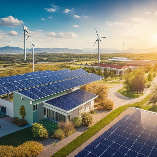A vibrant landscape featuring solar panels on rooftops, wind turbines spinning in the distance, lush greenery, and a modern office building with green walls, surrounded by eco-friendly transport like electric vehicles and bicycles.