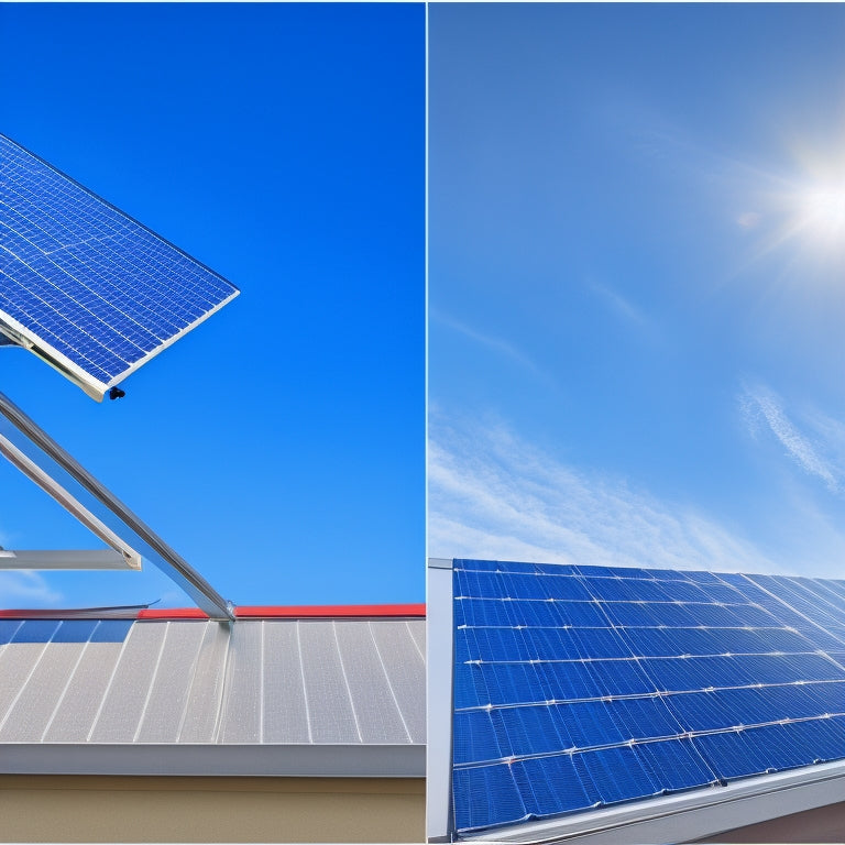 A split-screen image featuring a bright blue sky with a row of sleek, silver solar panels on a modern rooftop on one side, and a graph with ascending bars and a red arrow pointing upwards on the other.