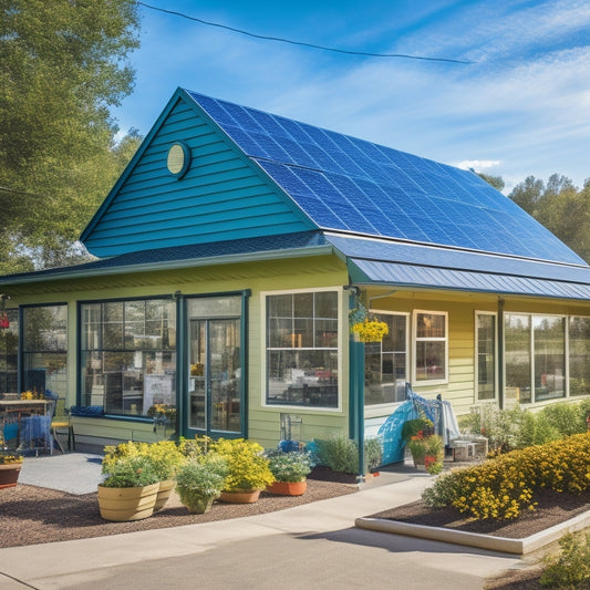 A vibrant small business storefront adorned with solar panels, surrounded by wind turbines and greenery, showcasing energy-efficient appliances. Natural light streams through large windows, highlighting a community garden in the background.