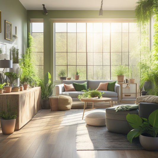 A serene, sunlit room with large windows, indoor plants, bamboo furniture, solar panels on the roof, and a green wall. Natural light floods in, highlighting sustainable materials and energy-efficient appliances.