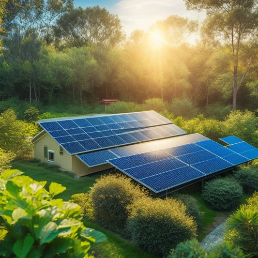 A vibrant solar panel array glistening under the sun, surrounded by lush greenery, eco-friendly homes with green roofs, and electric vehicles charging, showcasing a harmonious blend of technology and nature in a bright, sustainable future.