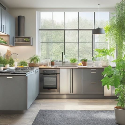 A modern kitchen with sleek, energy-efficient appliances, sunlight streaming through large windows, fresh herbs on the counter, and recycling bins nearby, highlighting a harmonious blend of technology and sustainability in a cozy home setting.