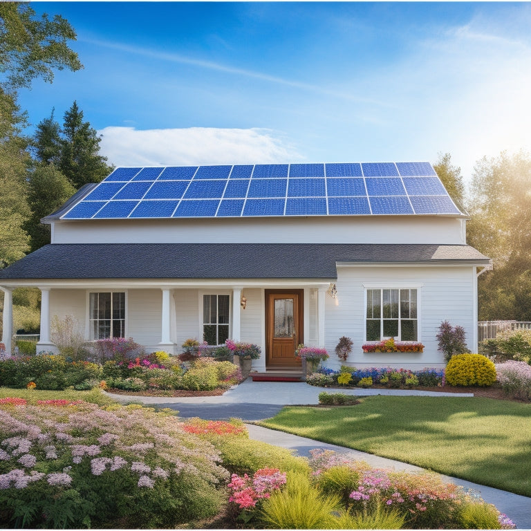A serene suburban home with a mix of solar panels and traditional roofing, amidst a bright blue sky with a few puffy white clouds, surrounded by lush greenery and a few blooming flowers.
