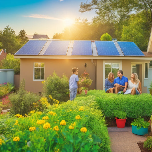 A sunlit rooftop adorned with gleaming solar panels, surrounded by lush greenery. Below, a family enjoys a vibrant garden, with a visible energy meter showcasing decreasing energy costs, symbolizing savings and sustainability.