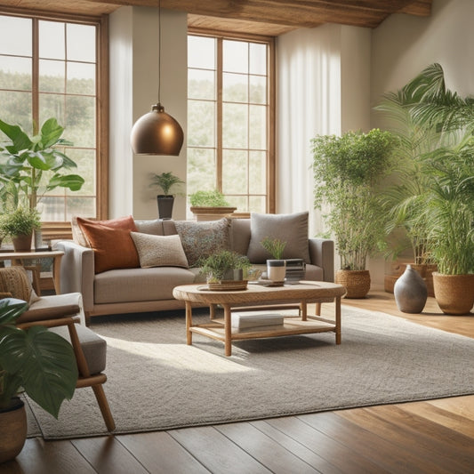 A serene living room with bamboo flooring, surrounded by potted plants, natural light streaming through large windows, and recycled wood furniture, creating a harmonious and eco-friendly atmosphere.