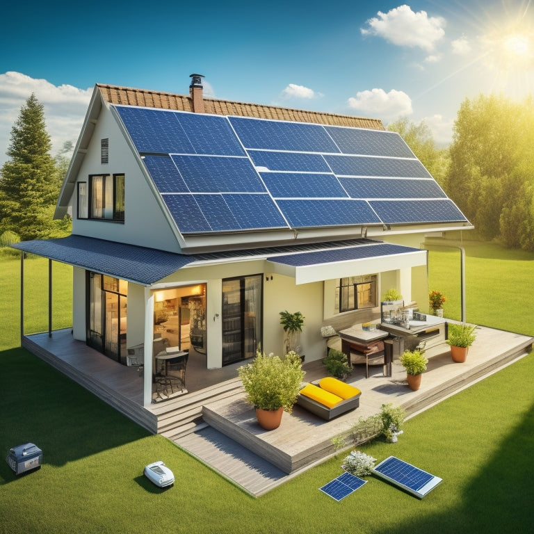 A diagram showcasing a house with solar panels on the roof, connected to a meter and a laptop, surrounded by icons of calculators, houses of varying sizes, and a sun with rays.