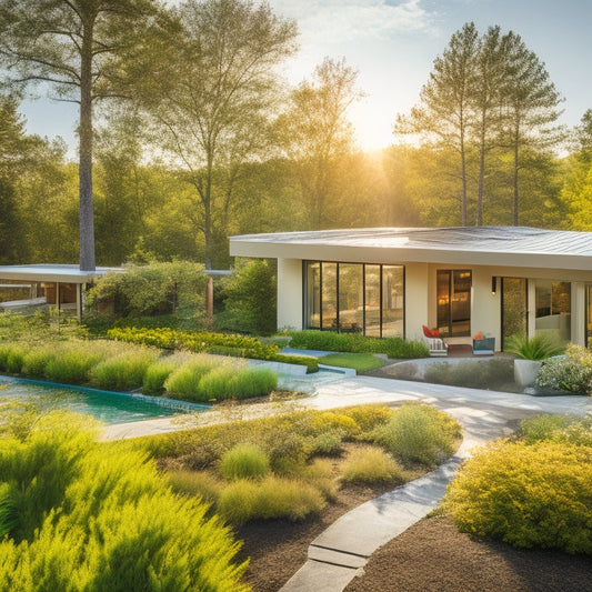 A sunlit modern home with large windows, green roof, and solar panels, surrounded by lush gardens, rainwater collection systems, and native plants, showcasing seamless integration of nature and energy-efficient architecture.