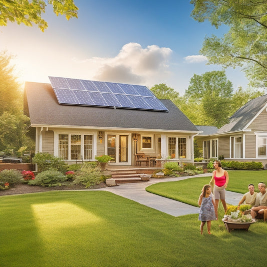 A serene suburban landscape featuring a sun-drenched home with solar panels on the roof, vibrant greenery, and a family happily enjoying their backyard, symbolizing the benefits of long-term savings and sustainability.