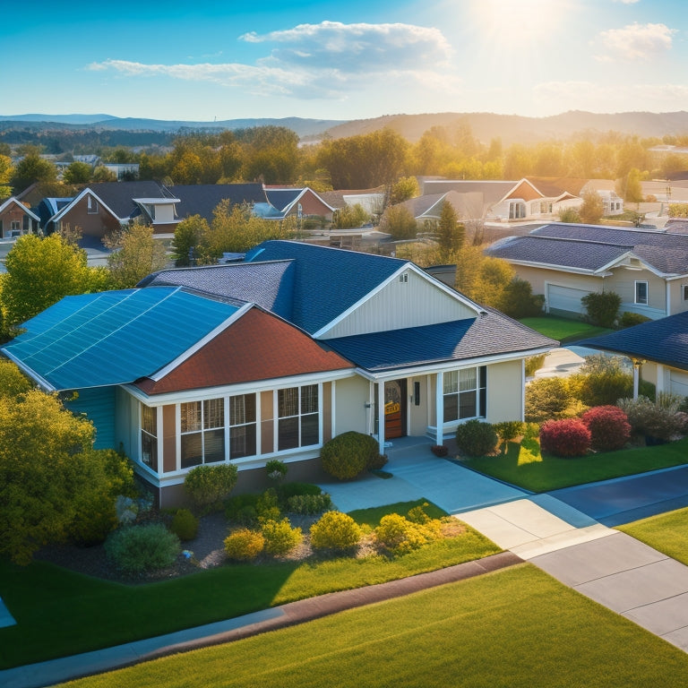 A serene suburban neighborhood with multiple rooftops, each featuring a different type of solar panel installation, showcasing varying panel sizes, angles, and mounting systems, set against a clear blue sky.