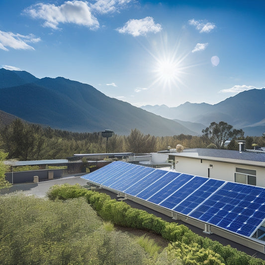 A vibrant rooftop adorned with sleek, high-efficiency solar panels gleaming under a bright blue sky, surrounded by lush greenery and a distant mountain range, showcasing the harmony of technology and nature.