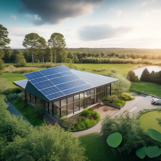A modern eco-friendly building with solar panels on the roof, surrounded by lush greenery, featuring large windows, rainwater harvesting systems, and wind turbines in the background, showcasing sustainable architecture harmonized with nature.