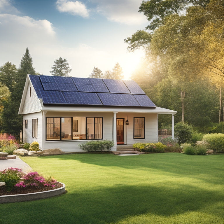 A serene suburban home with a mix of solar panels on the roof, a solar water heater on the side, and a small solar-powered generator on the lawn, surrounded by lush greenery.