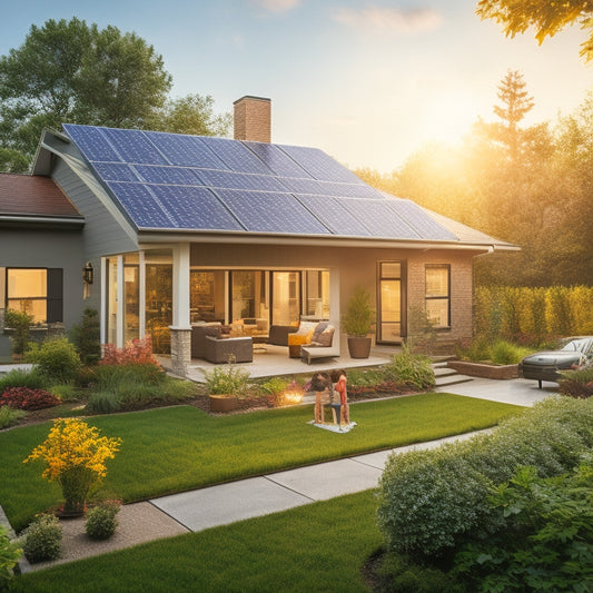 A modern suburban home with solar panels on the roof, vibrant sunbeams illuminating the panels, a lush green garden, and a family enjoying the outdoors, symbolizing energy independence and sustainability.