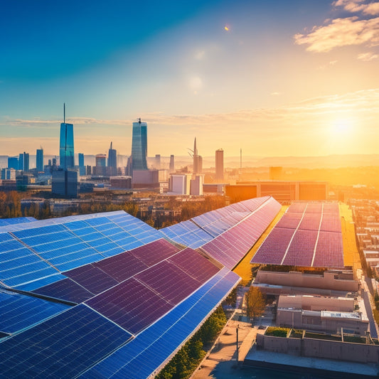 A vibrant city skyline with solar panels on rooftops, wind turbines in the background, and diverse business activities bustling below, showcasing harmony between renewable energy and urban enterprise in a clear blue sky.