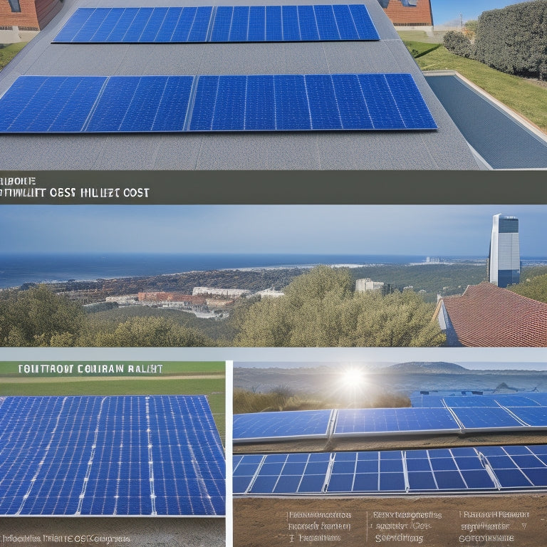 A split-screen image featuring a rooftop with solar panels installed on one side and a checklist or diagram on the other, highlighting various components and their corresponding cost indicators.