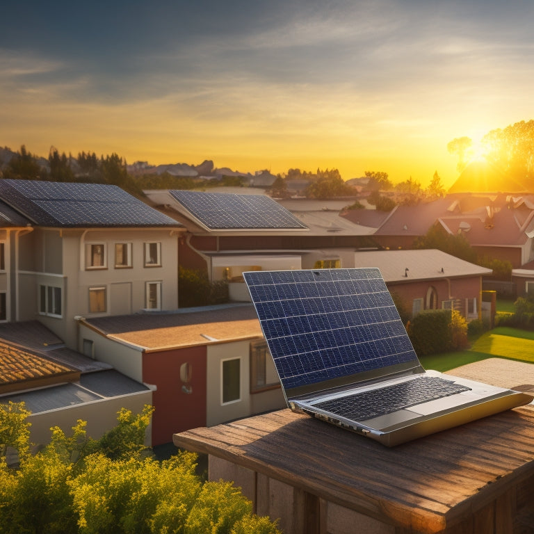 An illustration of a laptop screen displaying a website with a shopping cart icon, surrounded by solar panels, a sun, and a subtle background of a residential neighborhood with rooftops.