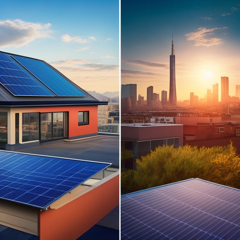 A split-screen illustration showing a rooftop with a traditional shingle roof on one side and a sleek, modern solar panel system on the other, with a subtle cityscape in the background.