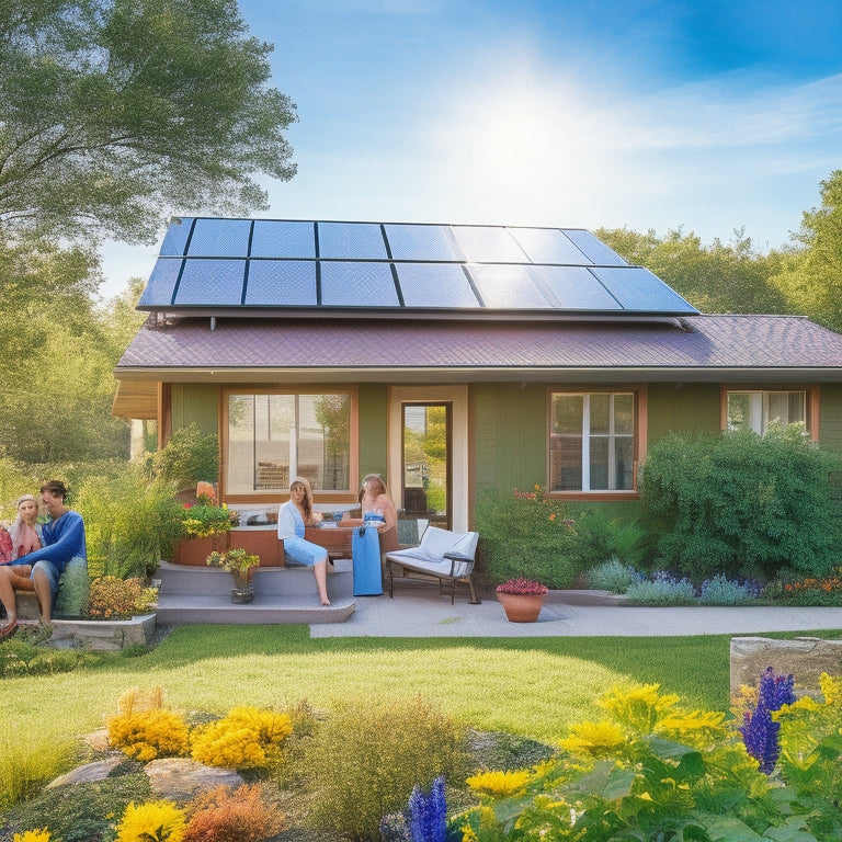 A sun-drenched eco-friendly home with solar panels on the roof, surrounded by lush greenery, blooming flowers, and a blue sky. A family enjoys the outdoor space, showcasing a sustainable lifestyle.
