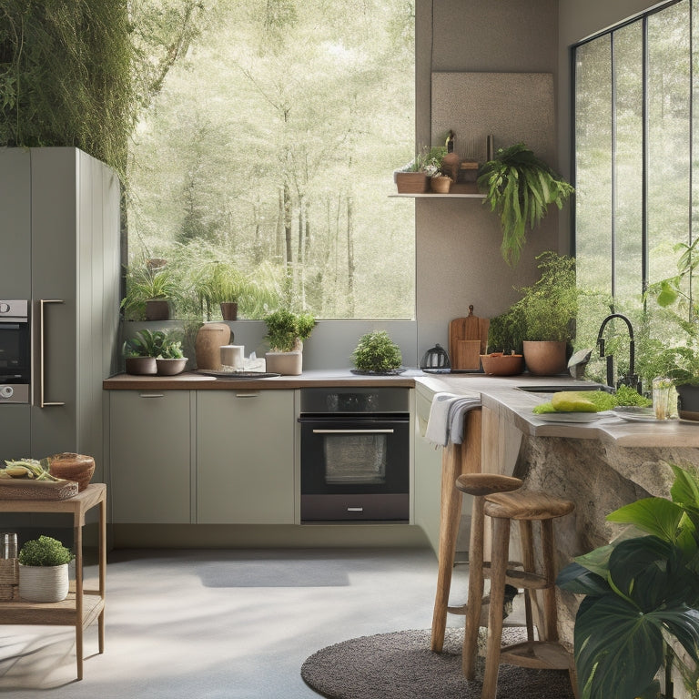 A serene kitchen scene featuring sleek, modern eco-friendly appliances in earthy tones, surrounded by lush green plants, soft natural light, and recycled materials, embodying a harmonious blend of sustainability and style.